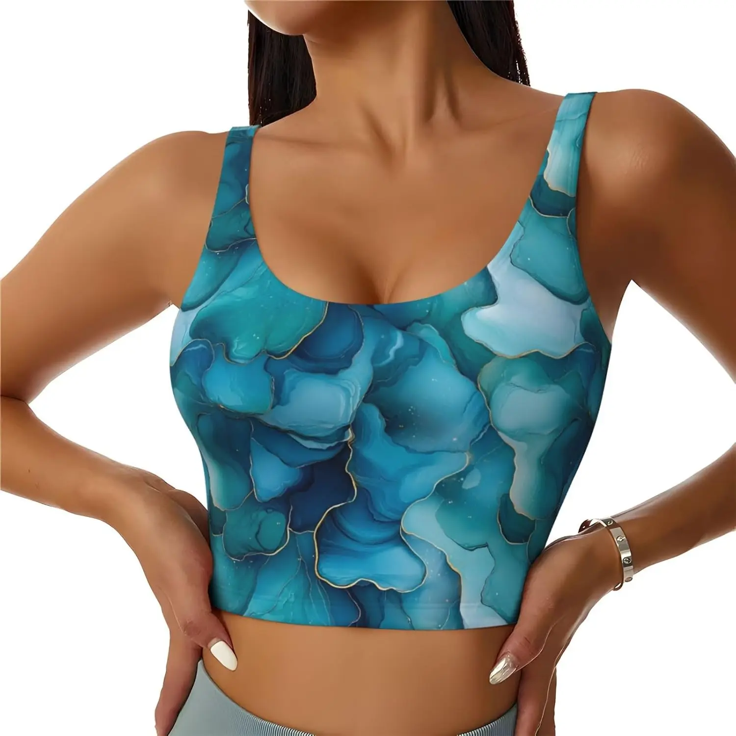 Biustonosze sportowe damskie z wysokim wsparciem, wzór oceaniczny marmur, top sportowy do biegania i ćwiczeń.