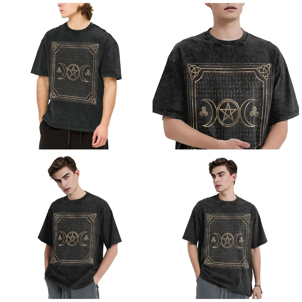 Triple Moon With Triskelion Pentagram Pagan Wiccan Hip Hop Short Sleeve T-Shirts Washed Tops Tees Streetwear T Shirt Printed