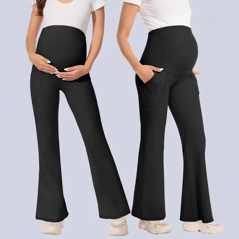 

Брюки для беременных с высокой талией, эластичные, расклешенные, с поддержкой живота, облегающие, для йоги, не стесняющие движений, повседневные леггинсы для беременных