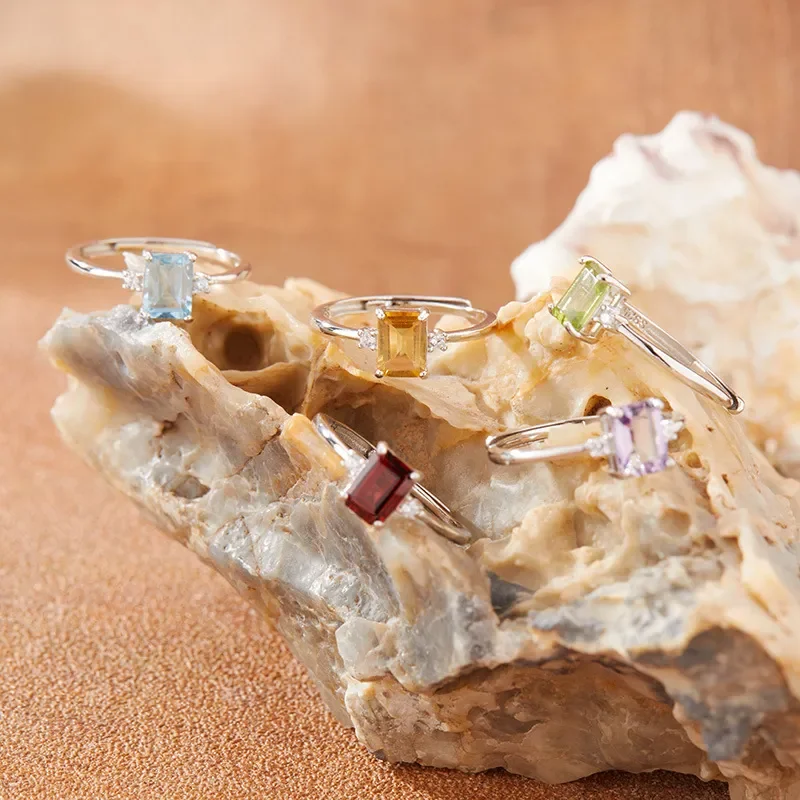 S925 sterling silver natural colored treasure ring, female citrine amethyst topa garnet cube, simple live broadcast, new