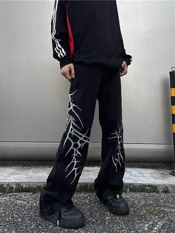 

Black American Thistle Embroidery Men's Jeans Flared Long Pants CleanFit Slimming Effect Youth Trend Casual Wear Spring Season
