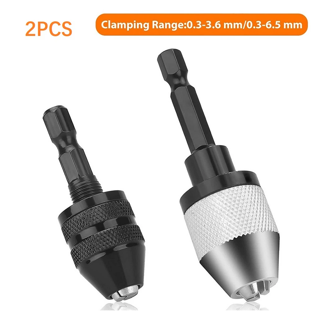 2pcs Keyless Drill Chuck 0.3-6.5mm 0.3-3.6mm Hex Shank Quick Change Converter Adapter For 1/4 Inch Electric Screwdriver Power To