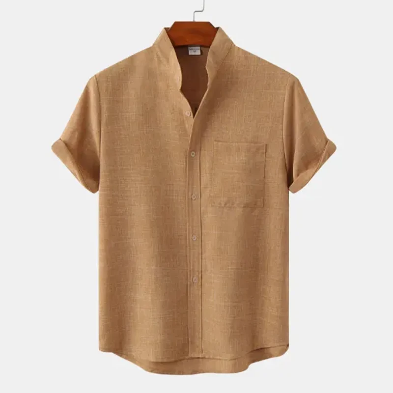 Men's summer simple style solid color linen shirt plus size men's T-shirt retro Hawaii beach casual fashion short-sleeved shirt