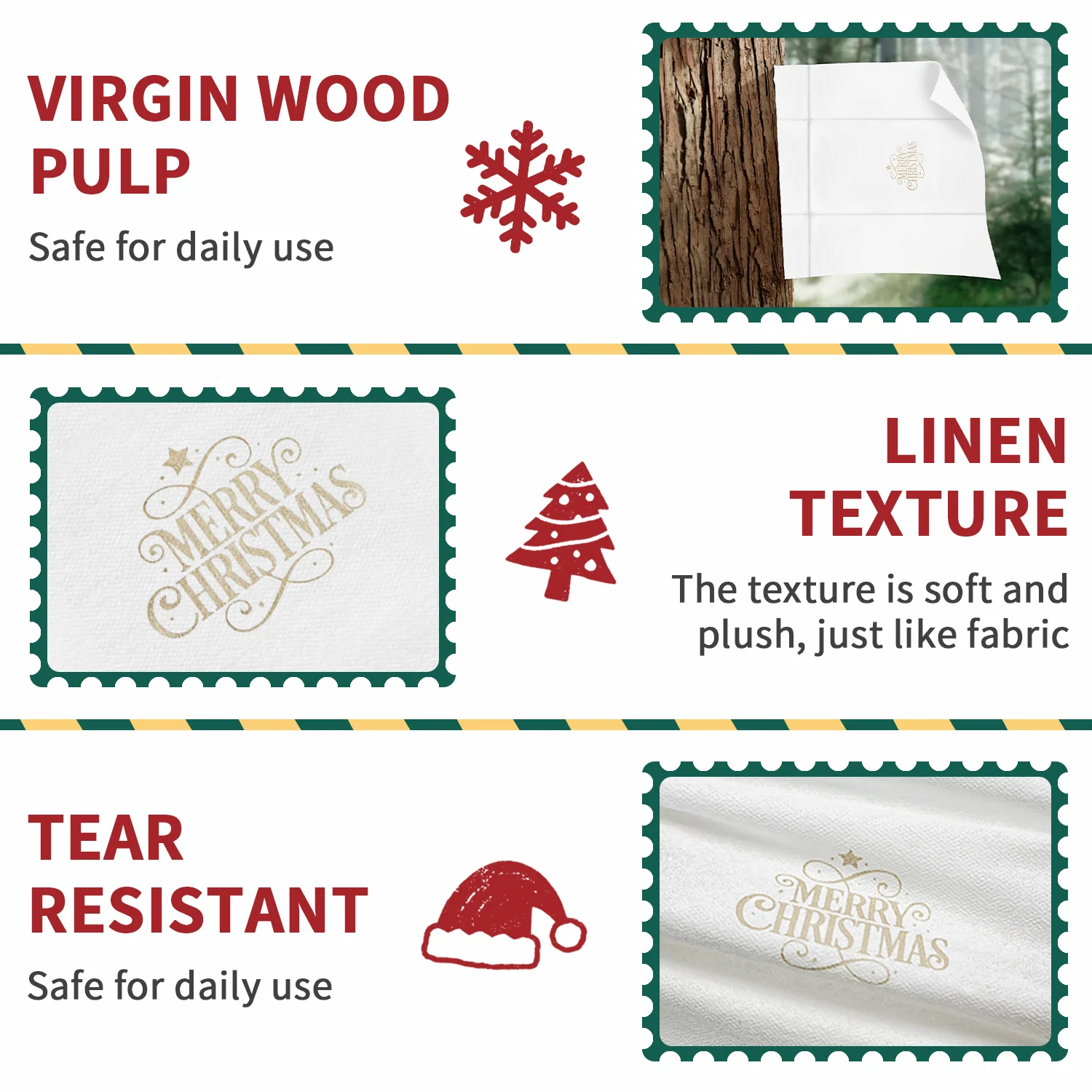Gold Christmas Printed Disposable Paper Napkins Linen Textured Absorbent for Holiday Dinner Party Table Decors Supplies Sets