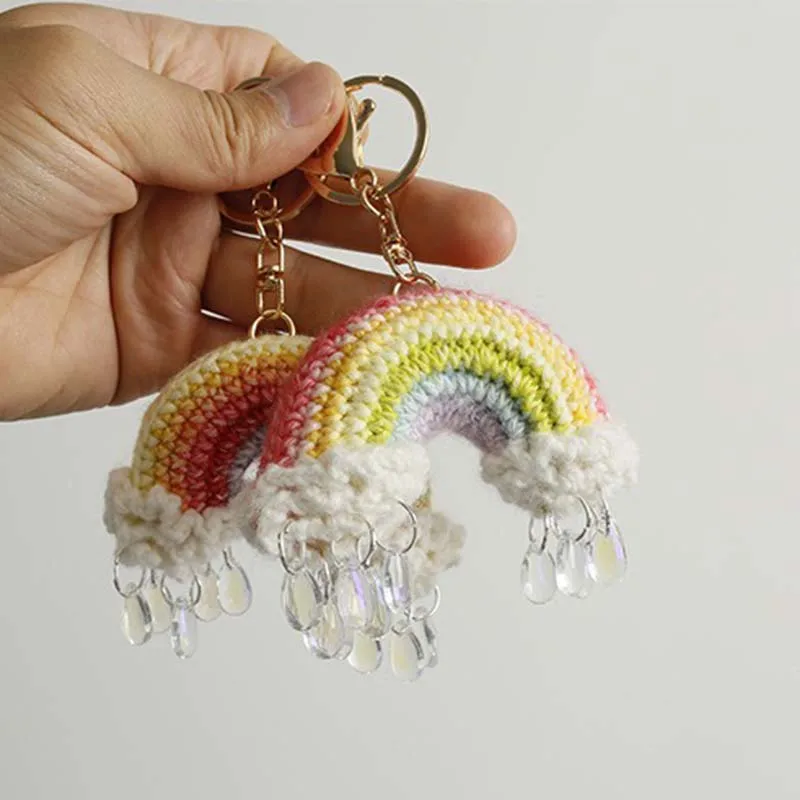Handmade Charming Crochet Rainbow raindrops Keychain, Cute Handmade Plush Figure for Car and Bag