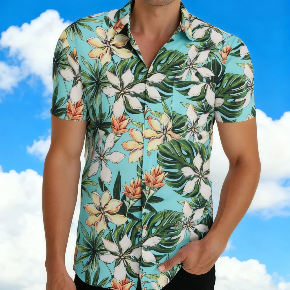 

Men's Hawaiian Tropical Lightweight Breathable Short Sleeve Shirt Colorful Floral Palm Sailboat Collar Button Pocket