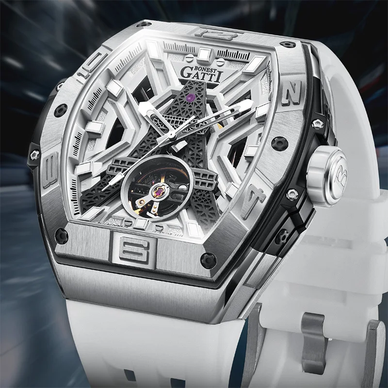 

Мужские механические часы BONEST GATTI, новый дизайн, 46 мм, скелетонизированный циферблат Эйфелевой башни | Люксовый бренд | Сапфировое стекло | Резиновый ремешок