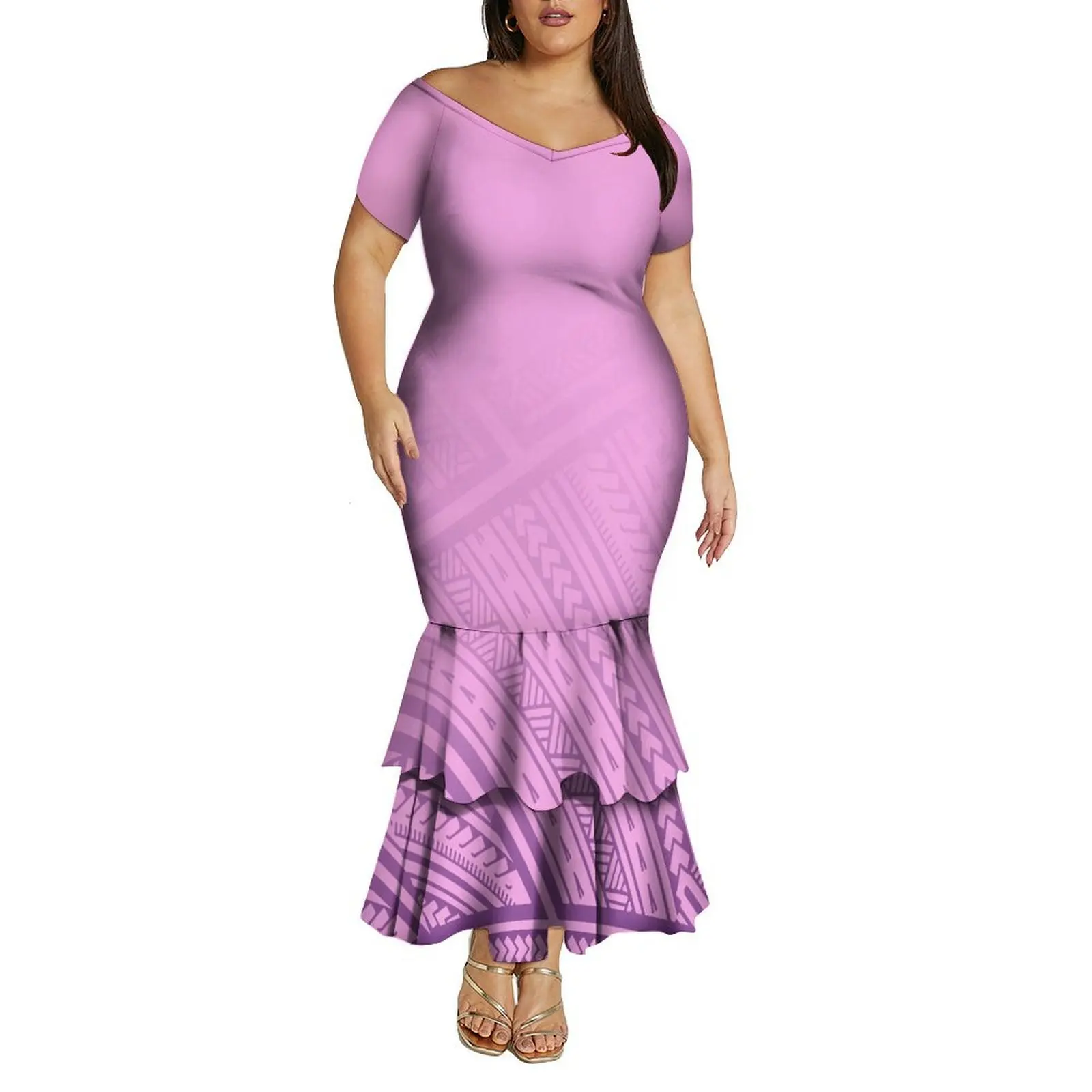 

Folded layers Polynesian Women'S Short-Sleeved Fitted Dress Samoan Short-sleeved A-line Fish-tail Skirt 2026 New Style Tight Fit