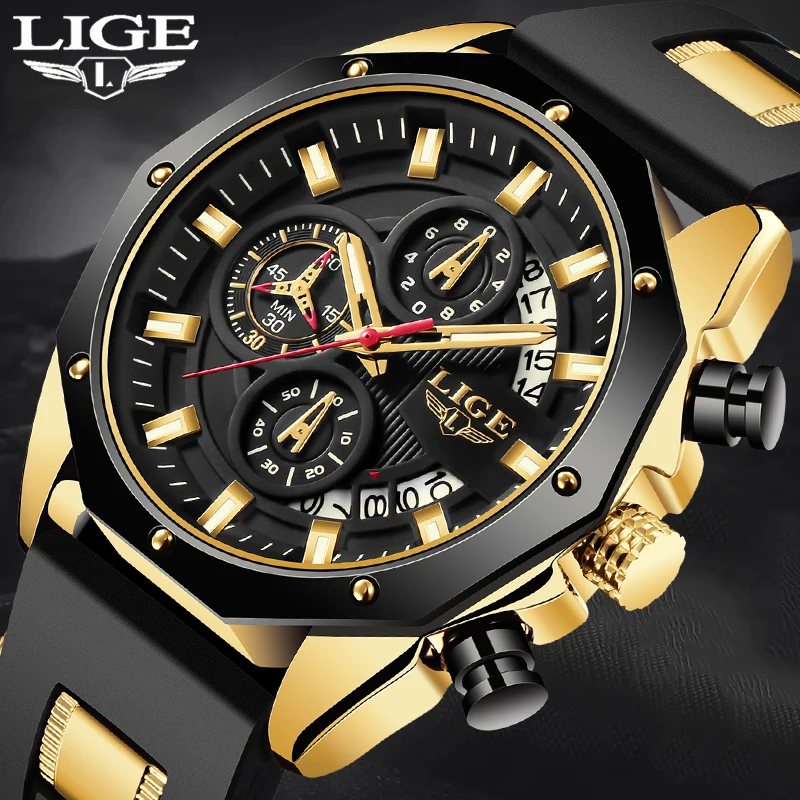 LIGE Waterproof Watch Men Fashion Military Sports Men\'s Quartz Wristwatches Top Brand Luxury Silicone Chronograph Reloj Hombre