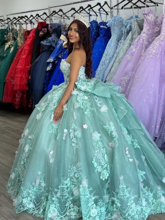 CloverBridal Big Bow Back Sage Charming Sweetheart Glitter Sweet 16 Dress Beaded Flowers 15 Quinceanera Dresses 2024 WQ9669