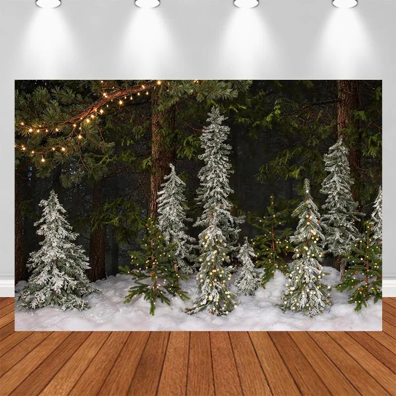 LS Christmas Snowy Forest Backdrop Photography Deer Lantern Fence Xmas Tree Background Winter Newborn Family Holiday Photo