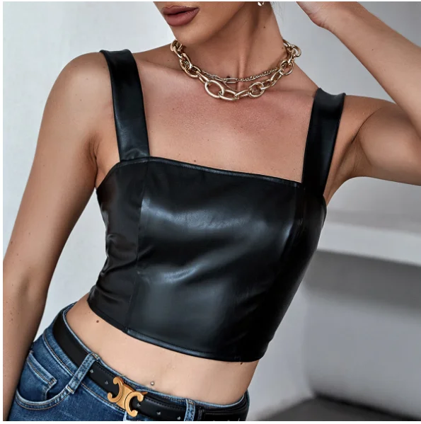 

bralette de piel sintética para mujer, sujetador con corpiño, Top corto para fiesta y Club nocturno