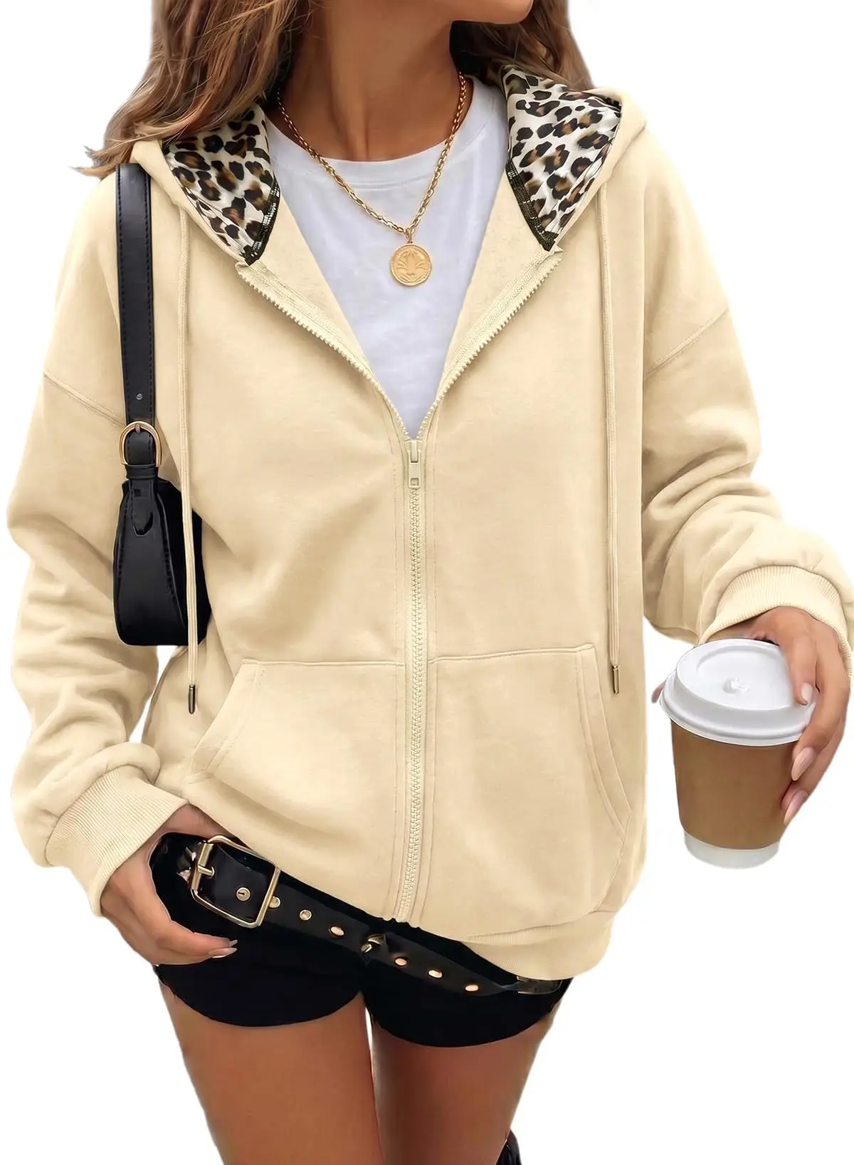Women's Full Zip Hoodie with Leopard Hood Lining Oversized Long Sleeve Jacket Winter Warm Fleece Lined Sweatshirt Streetwear