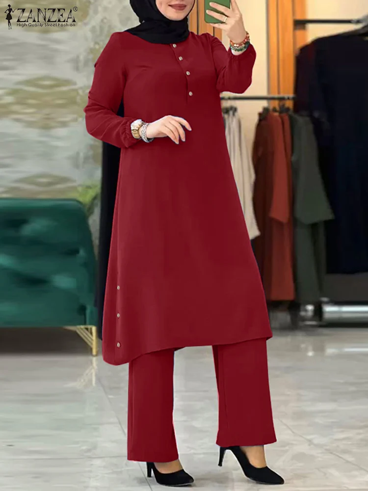 

ZANZEA Fashion Women Long Sleeve Blouse Wide Leg Pant Suits 2PCS Muslim Sets Casual Loose Ramadan Tracksuit Islamic Clothing