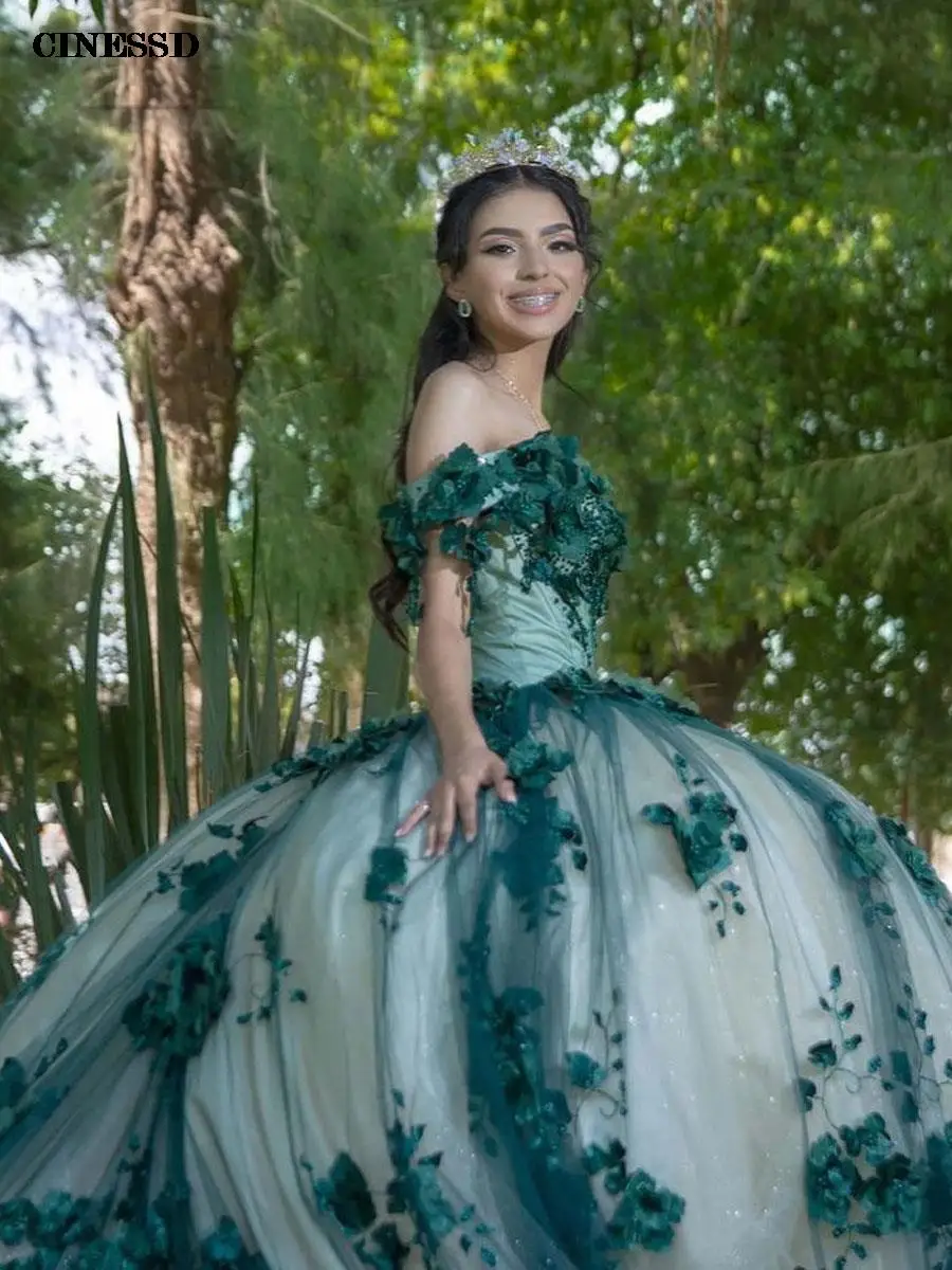 Роскошные изумрудно-зеленые платья для Quinceanera 2023 бальное платье с цветочной аппликацией с кристаллами милые платья на шнуровке для дня рождения на заказ