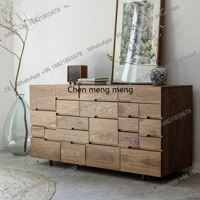 

H Surprised Silent Wind Black Walnut Multi-Bucket TV Cabinet Nordic Solid Wood Sideboard Storage Simple and Modern