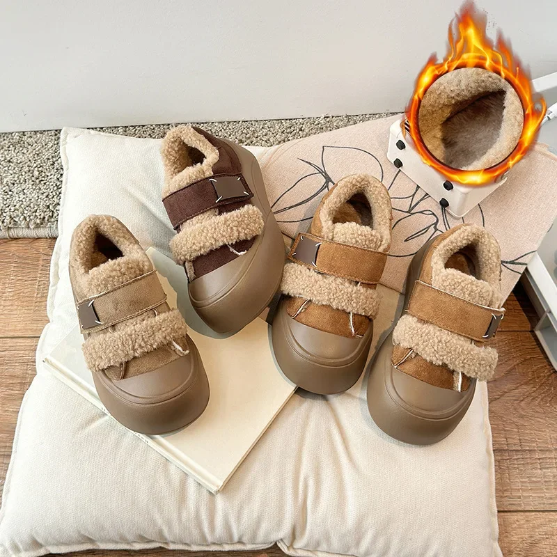 2026 Winter New Children's Shoes Girls Korean Style Lamb Wool Girl Cotton Shoes Thicken Velvet Warm Anti-kick Furry Shoes
