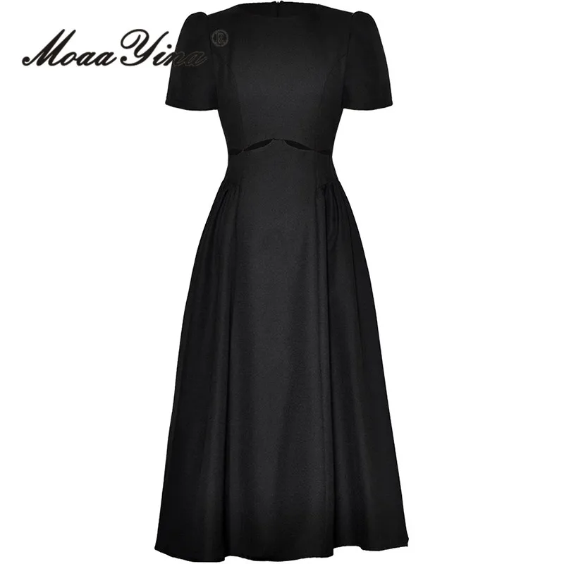 

MoaaYina Summer Fashion Runway Dress Women Vintage Trendy Solid Color Tunics Temperament Hollow Out Sexy Dresses Medium Length