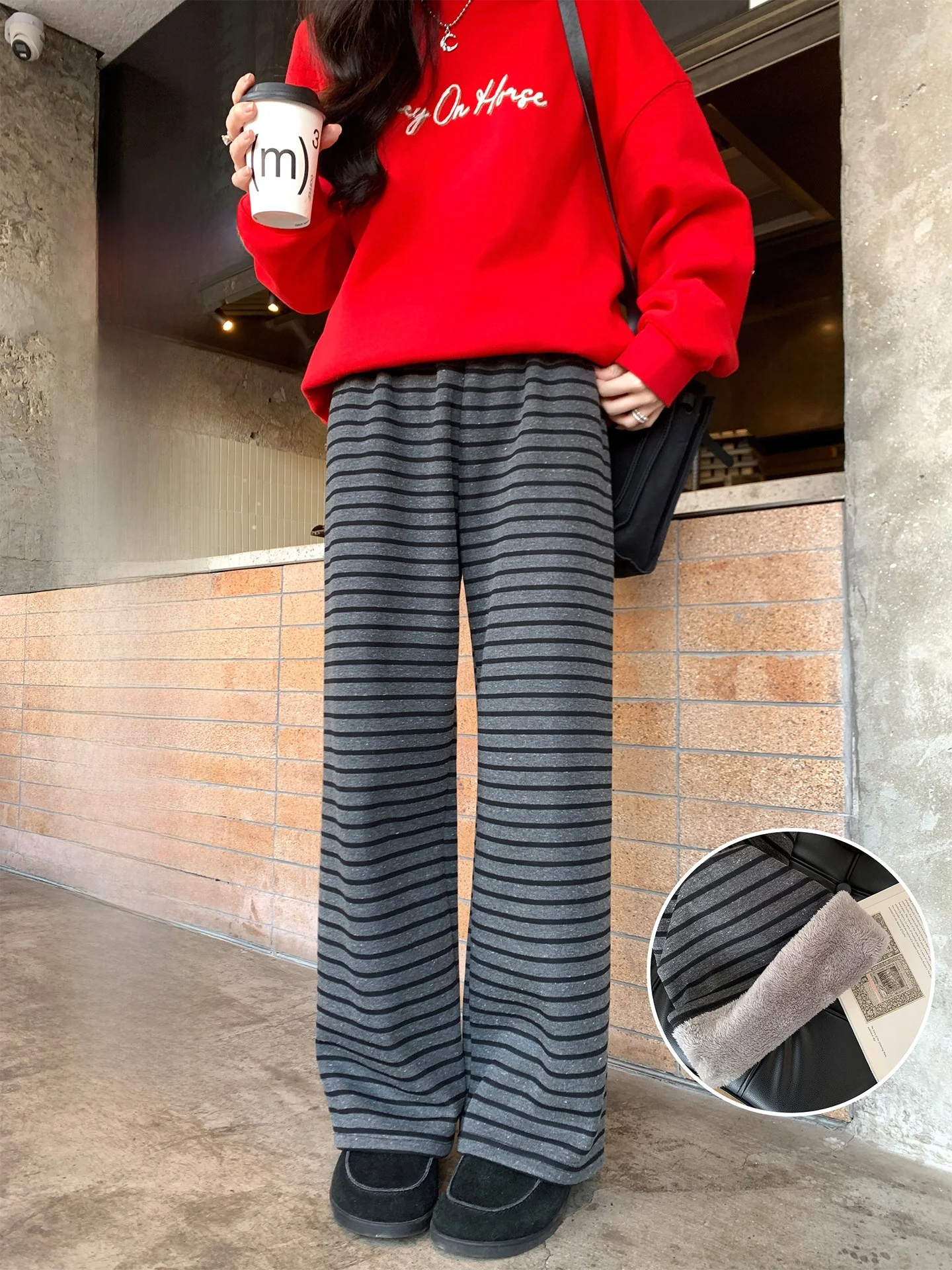 

Aboutpoem Fce Lined Thiened Classic Striped Knitted Long Pants Women Winter Elastic Waist Loose Straight Casual Trousers