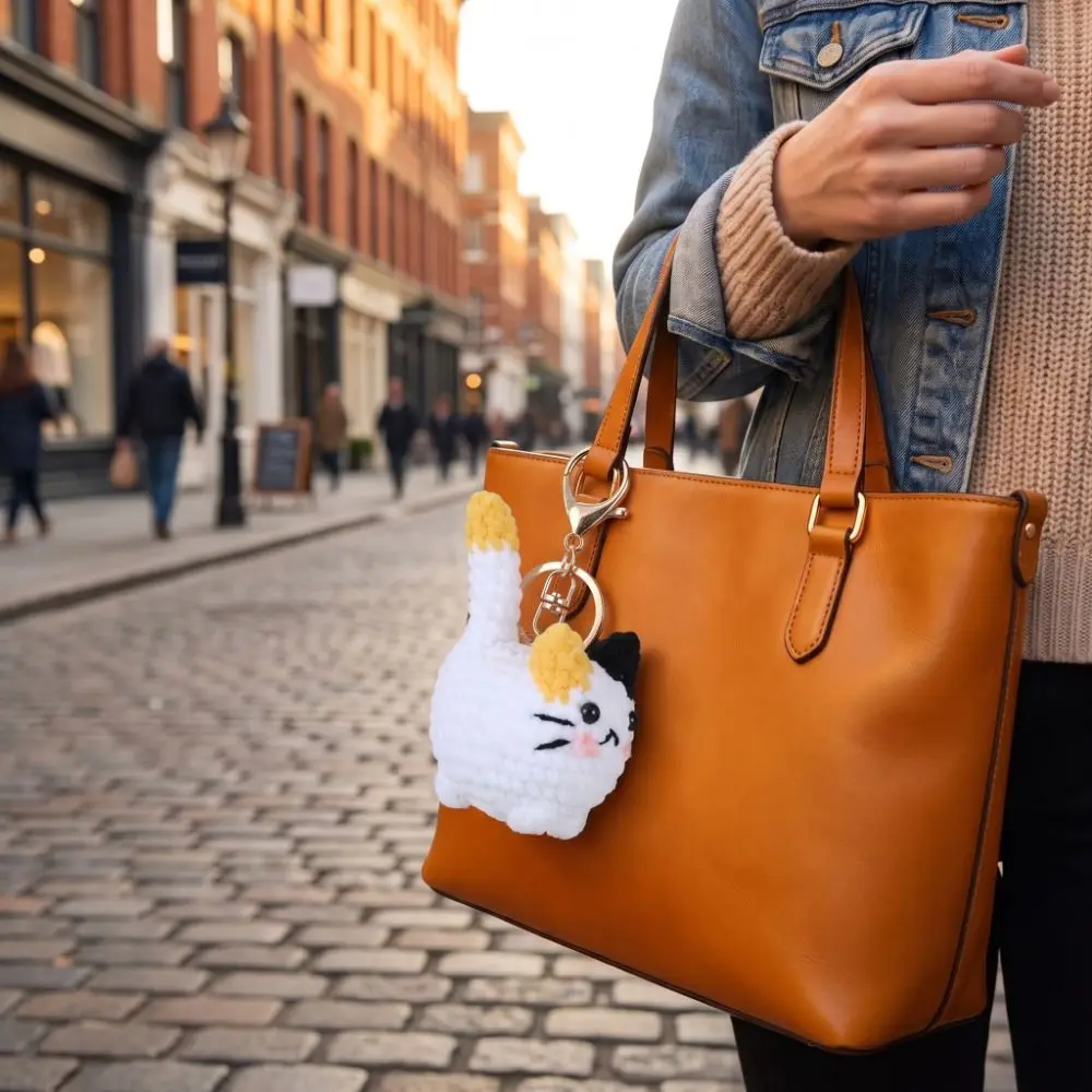 Creative Handmaking Crochet Kitten Keyrings Knitting Animal Handwoven Cat Pendant Kawaii Cartoon Cat Key Chain Bag Decor