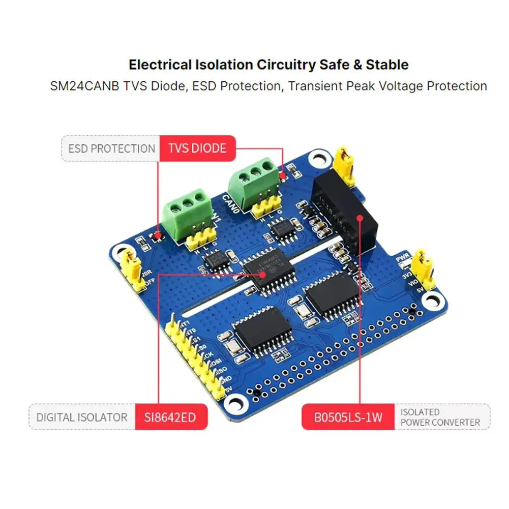 Dual-Channel Isolated CAN Bus Expansion Board For Raspberry Pi Multi-board Protection Circuit MCP2515 + SN65HVD230 Dual Chip