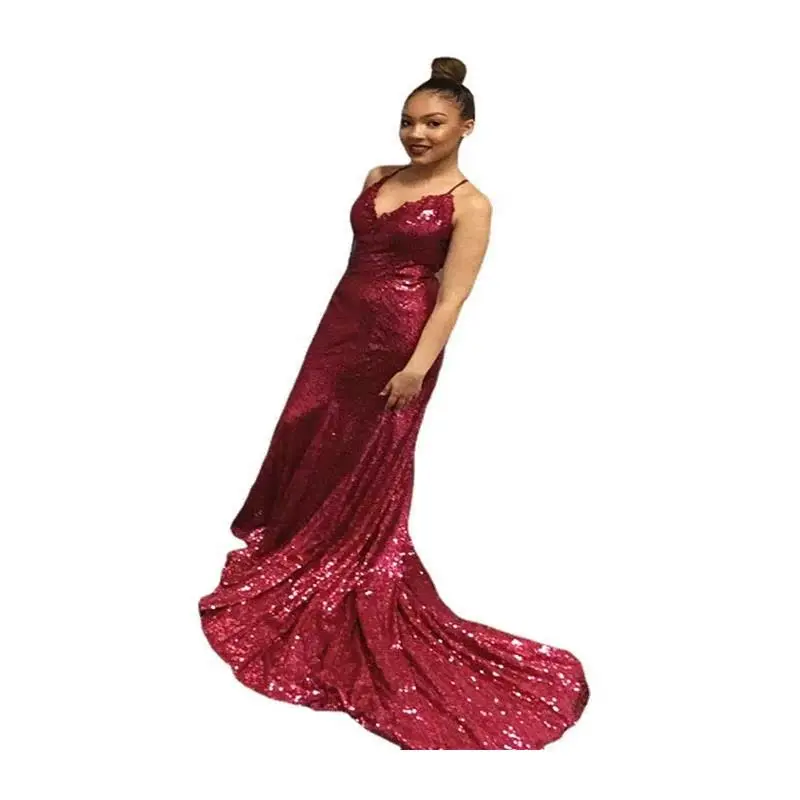 Spring Summer 2024 Women's Long Dr Strapl V-ne Sequin Bal Evening Gown mid Waist Small Train