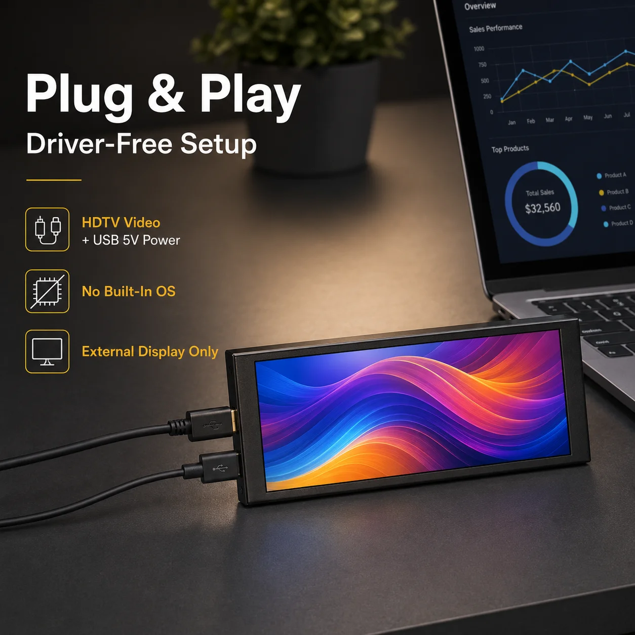 LESOWN 6.9/8.8/11.3 Inch Stretched Bar LCD Monitor Mini HDTV 60Hz Black Aluminum Case for PC Hardware Sensor Panel Setup