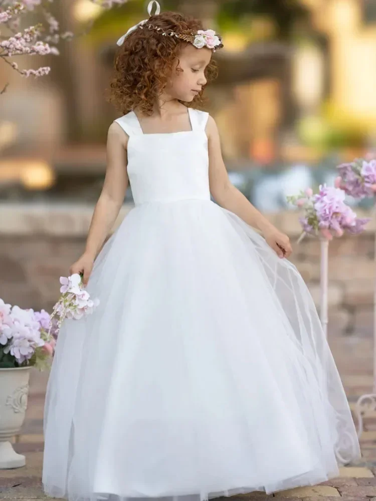 Vestidos de niña de flores de tul blanco sin mangas para boda, fiesta de cumpleaños, banquete, vestidos de princesa de comunión personalizados