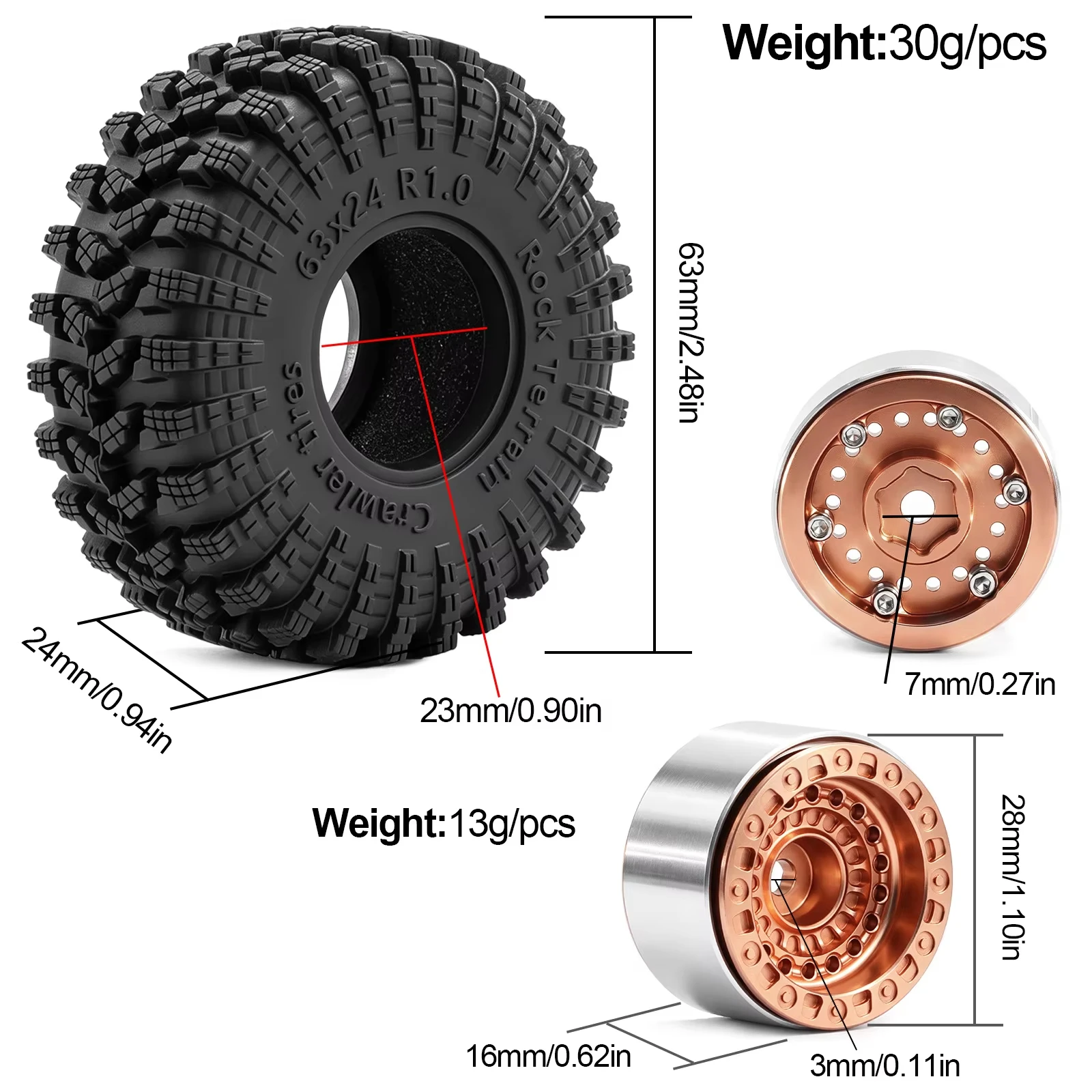 4Pcs 1.0 Inch Metal Beadlock Wheel & Tire Set, RC Crawler Upgrade Parts for 1/18 Traxxas TRX4M, 1/24 Axial SCX24 AX24 FCX24