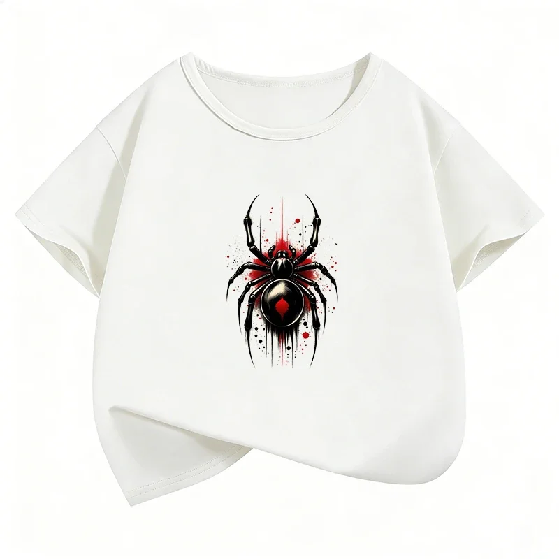 Spring and Summer's Latest Collection of Children's Retro Fun Spider Print Cotton T-Shirts for Boys and Girls -Short Sleeve Tops