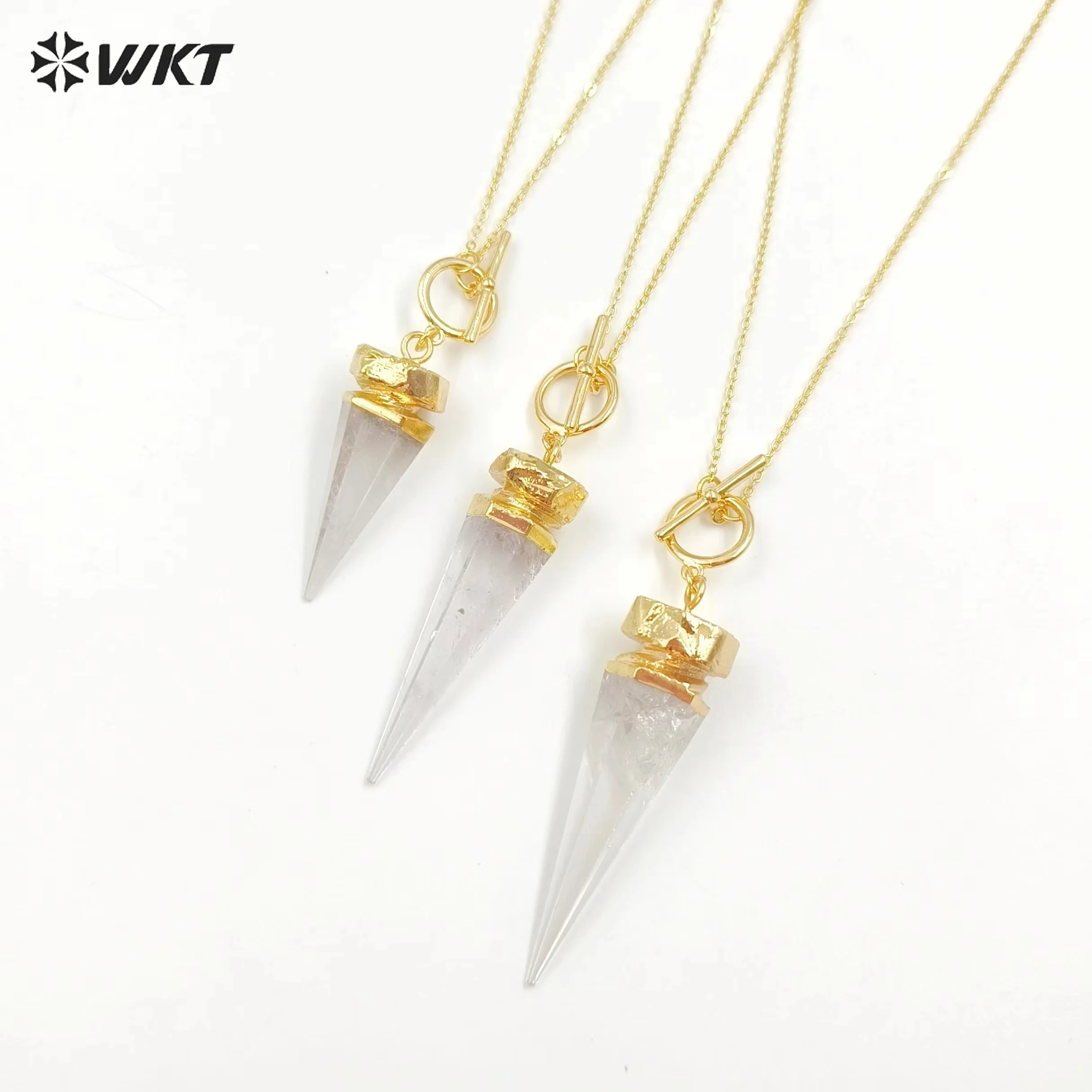 

WT-N1463 Natural Crystal Quartz In Triangular Cylindrical Shape 18K Gold Plating With Special Round Necklace Clasp Pendant ACC