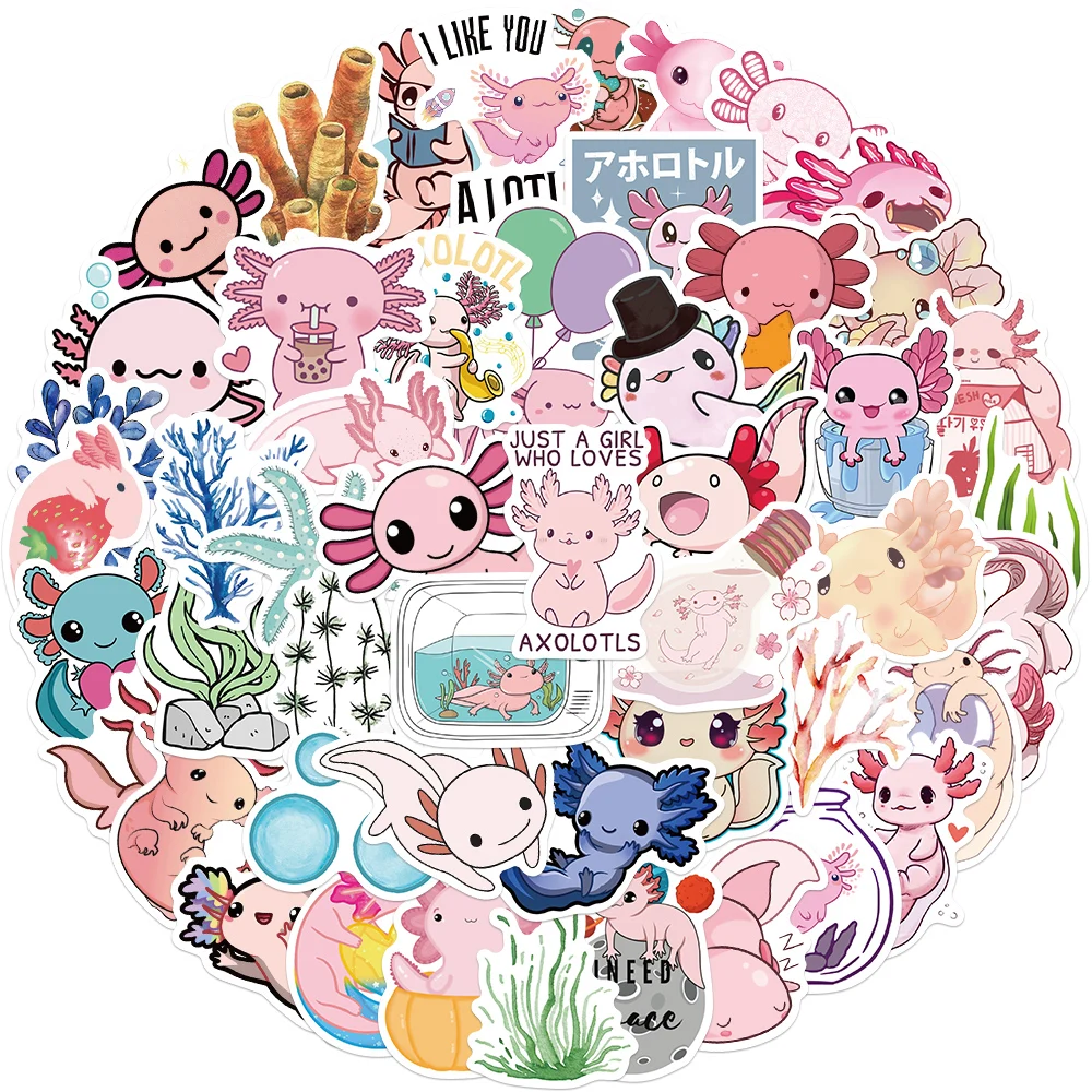 100Pcs Axolotl Graffiti Stickers Cute Animal Cartoon Decal Kids Toy Suitcase Scrapbook Diary Phone Laptop Sticker Pack