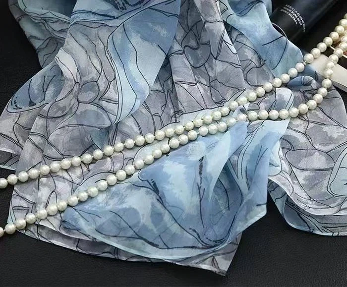 2026 Women Blue Gray Floral Print 100% Silk Scarf Long Wrap Shawl Soft Elegant Neck Scarves Ladies Vintage Neckerchief Muffler