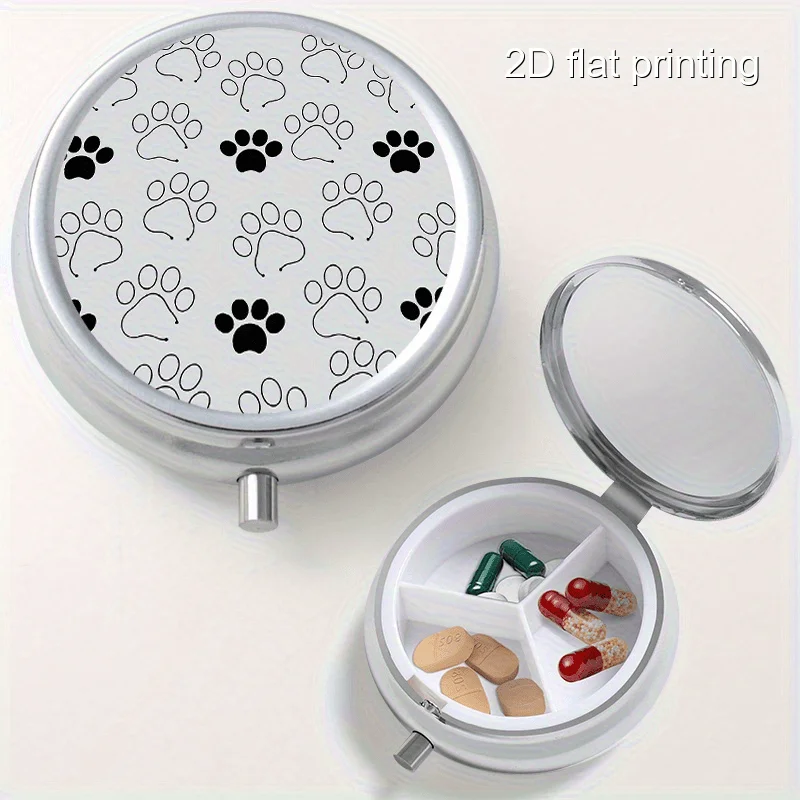 1 Round Metal Box with Creative Paw Print Outline Design, 3 Compartments, Portable Mini Pill Box, Nutritional Vitamin Pill Box, Portable Metal Box for Home and Travel