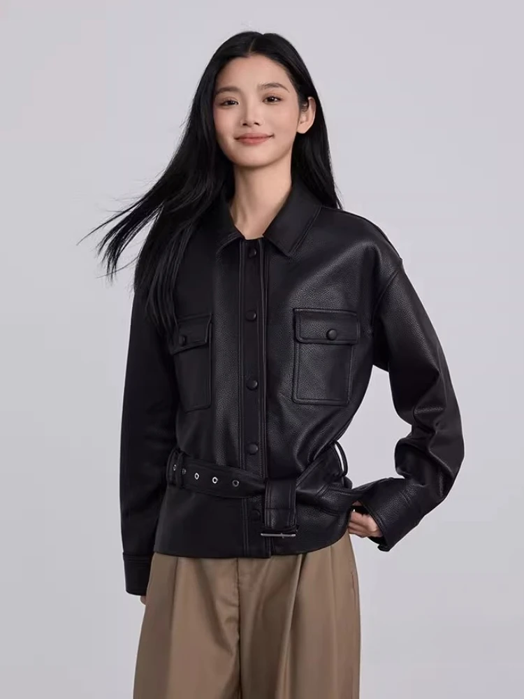 Casual Short Genuine Leather Jackets for Women Spring Autumn High-end Simple Lychee Texture Black Real Sheepskin Coat with Belt