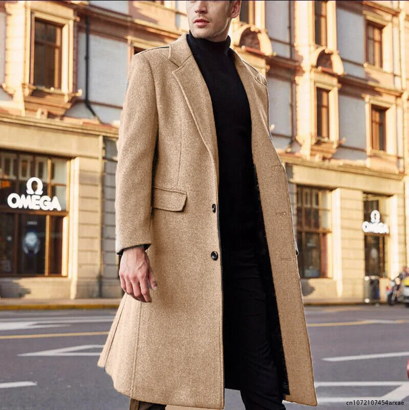 Gabardina larga de lana para hombre, abrigo de manga larga, ropa de calle elegante, chaqueta de lana, color liso, Otoño e Invierno