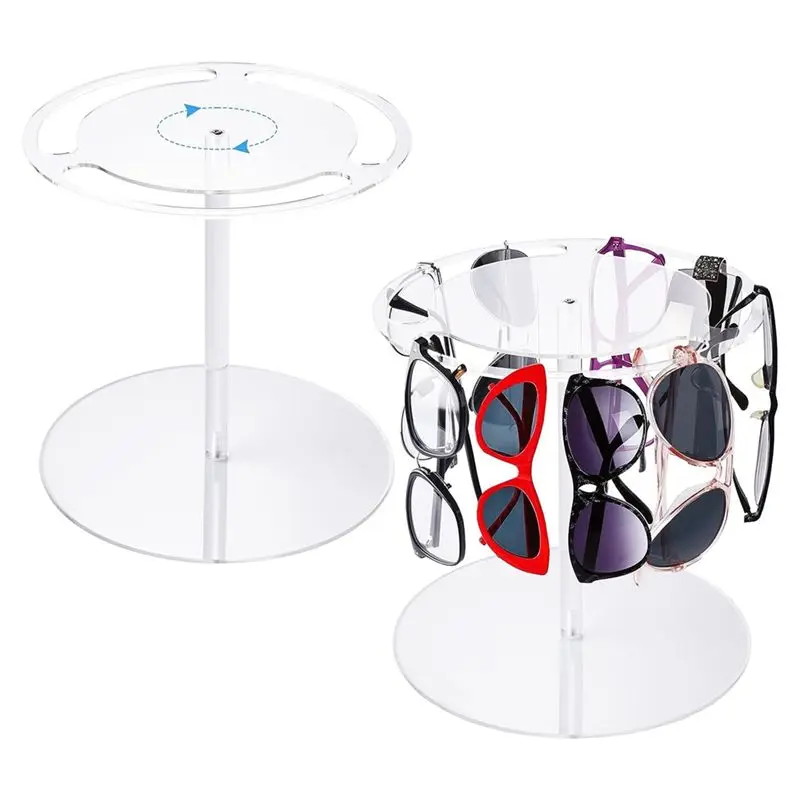 DT19 Acrylic Eyeglasses Display Rack, 360 Rotating Sunglass Organizer Stand, Clear Eyewear Tabletop Hanging Organizer for Home