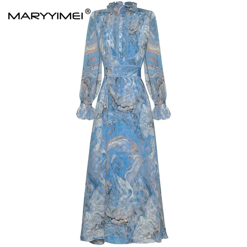 Mary yimei-Vestido largo de manga larga con cuello levantado para mujer, prenda estampada con cordones y borde con volantes, moda de diseñador, primavera 2024