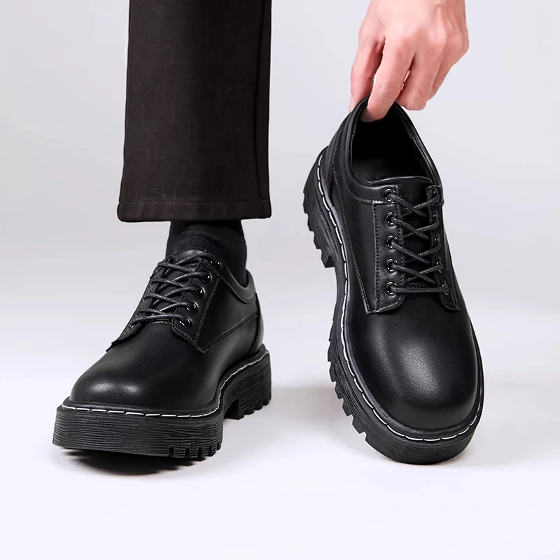 

Casual Men's Uniform Shoes Increased Wear-Resistant Young People's Black Shoes Leather Upgraded Version Fashionable round Toe