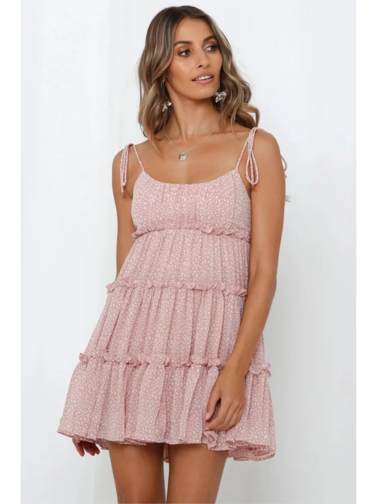 2025 여름 섹시한 꽃 프린트 미니 드레스 새로운 패션 우아한 해변 휴가 백리스 프릴 Pleated 휴일 클럽 파티 드레스