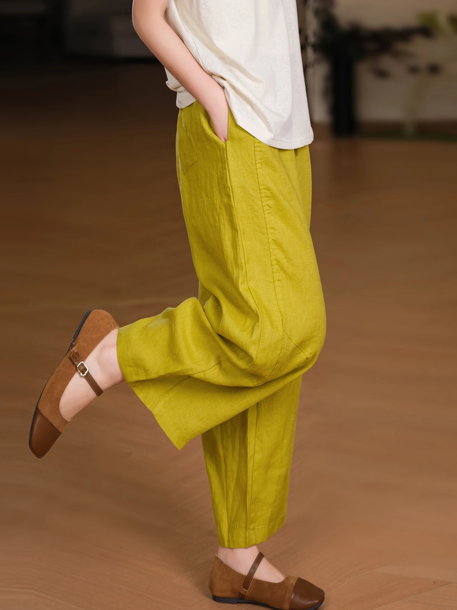 Casual Loose Fit Women's Pants Elastic Waist Linen Material Straight Leg Bordered And Sewn Elastic Waistband Summer Fashion