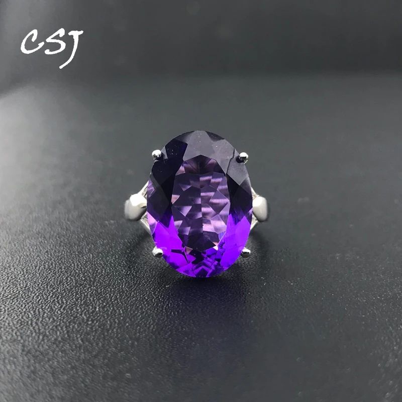 

CSJ Natual Amethyst Ring Sterling 925 Silver Oval13*18mm Fine Jewelry for Women Femme Girl Gift Box