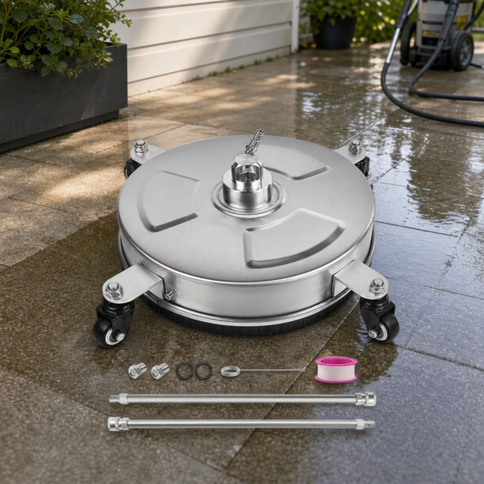 Stainless Steel Surface Cleaner Heavy Duty Low Profile Rotating Power Washer Attachment with Wheels for Patios Sidewalks