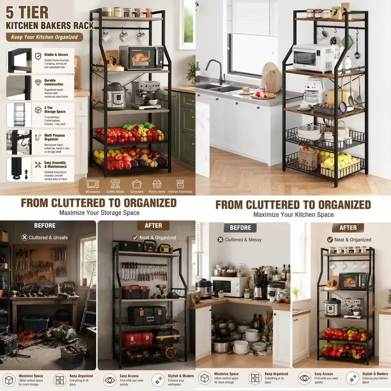 5 Tier Kitchen Bakers Rack with Microwave Stand Coffee Bar Station Freestanding Storage Shelf Wire Baskets Hooks for Home Pantry