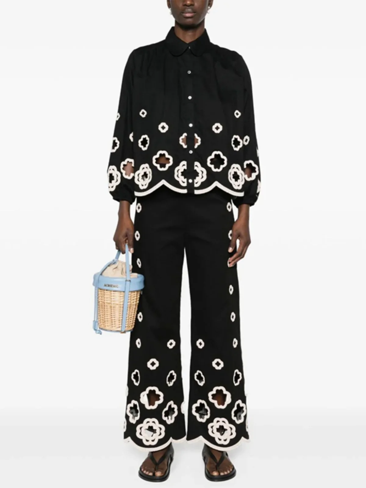 

Black Hollow out Wide Leg Pants Casual Trousers Spring Summer New Style Women's Fashionable All-Match Natural Waist Cotton