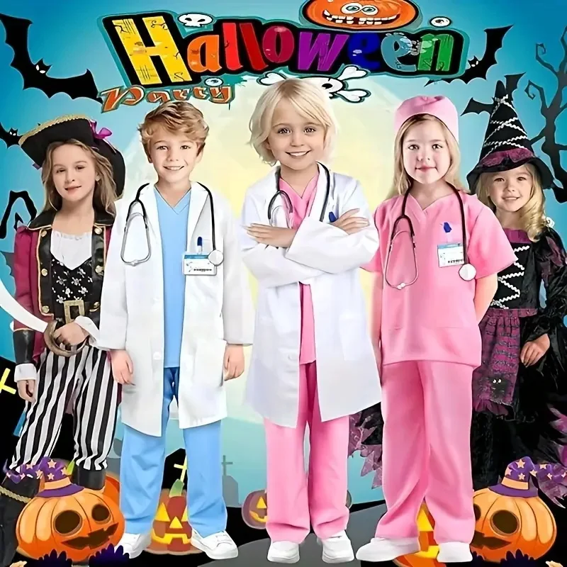 7 Uds. Traje de Cosplay de médico y enfermera para niños, bata de laboratorio blanca para niño y niña, uniformes con accesorios, vestido médico para regalo de Navidad y Halloween