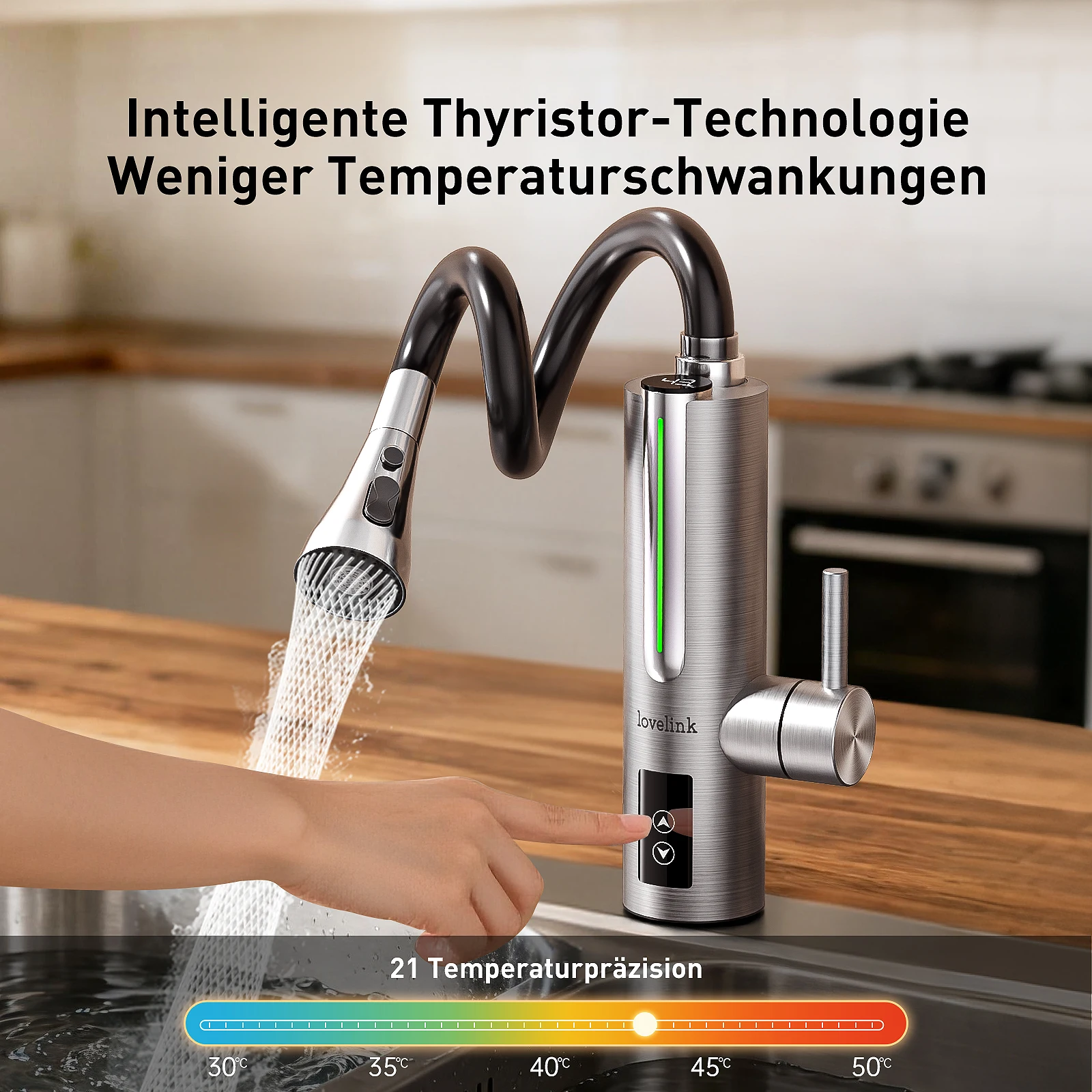 Lovelink stainless steel faucet with instantaneous water heater with 360 ° flexible hose and color adaptive LED temperature display (Silver)