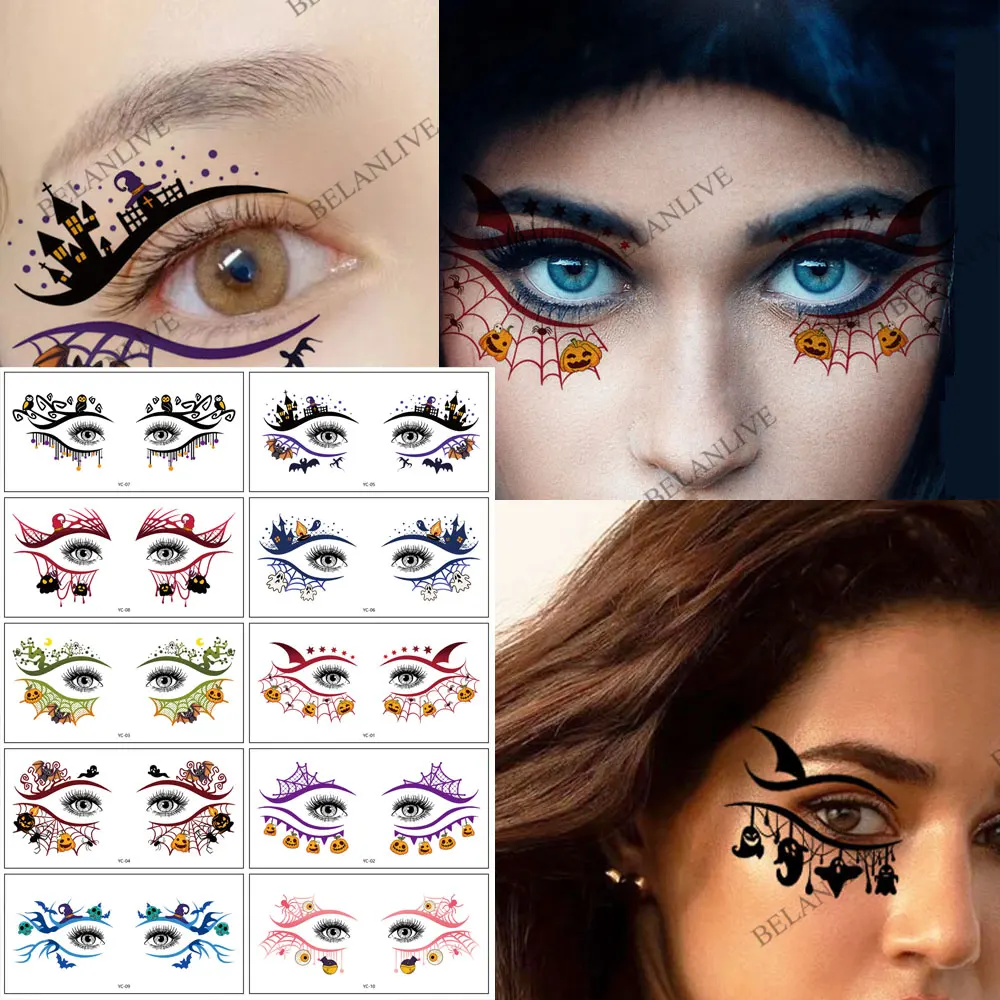 

10 pcs Halloween Waterproof Eye Tattoo Stickers Pumpkin Ghost Spider Pattern Fake Tattoo Halloween Party Facial Makeup