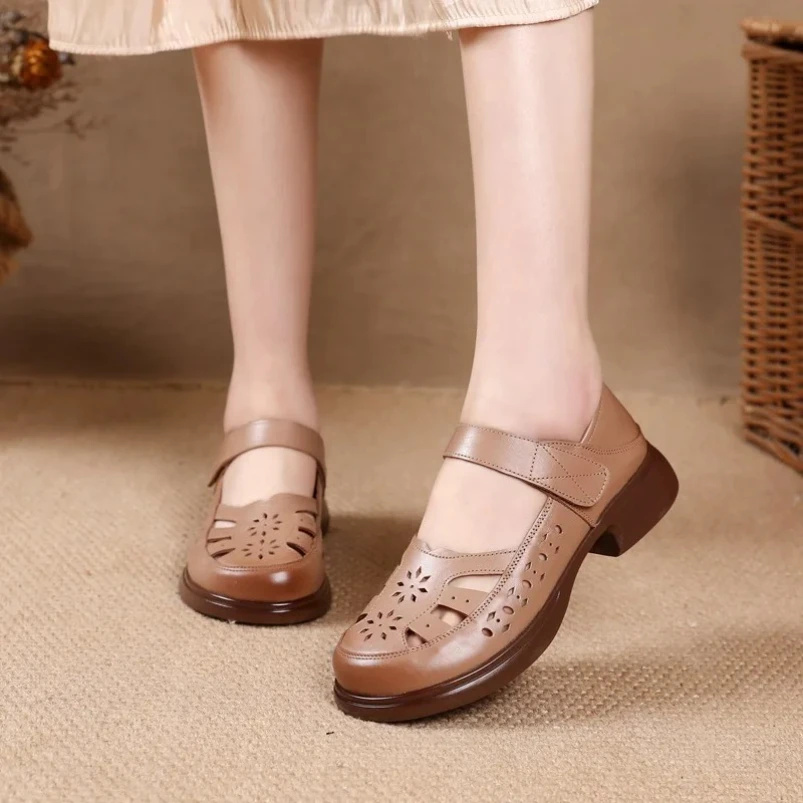 

Акция 2025 года, летние женские сандалии с круглым носком, летние дышащие удобные женские сандалии из натуральной кожи с полыми отверстиями