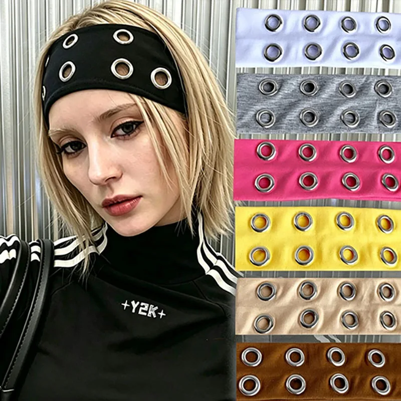 Punk Girl Hollowed Out Eyelets Wide Elastic Headband Nylon High Stretchy Metal Rock Steampunk Sports Headbands Hair Accessories